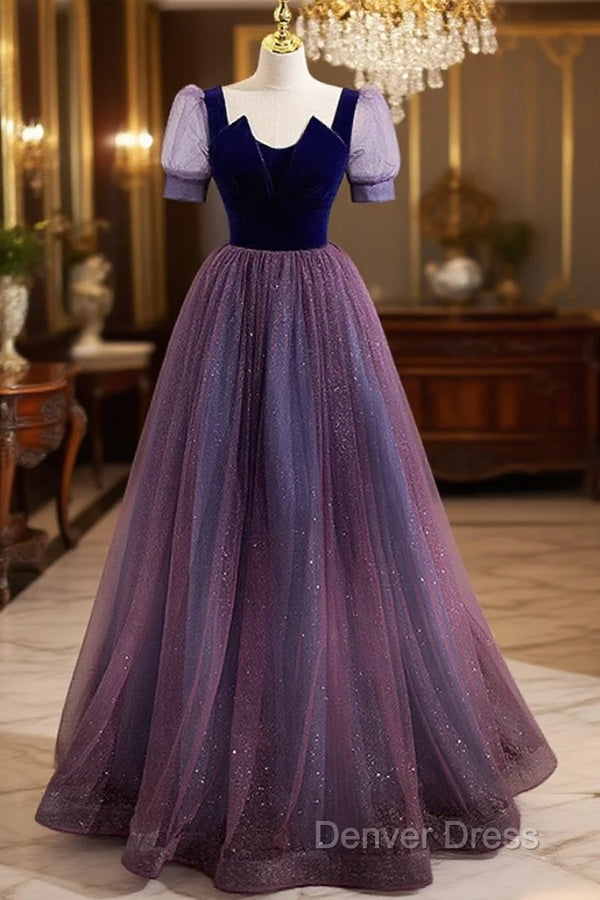 Purple Velvet And Tulle Short Sleeves Evening Dresses, Purple A-Line Formal Dresses Prom Dresses Main image