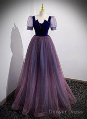 Purple Velvet And Tulle Short Sleeves Evening Dress, Purple A-Line Formal Dress Prom Dress