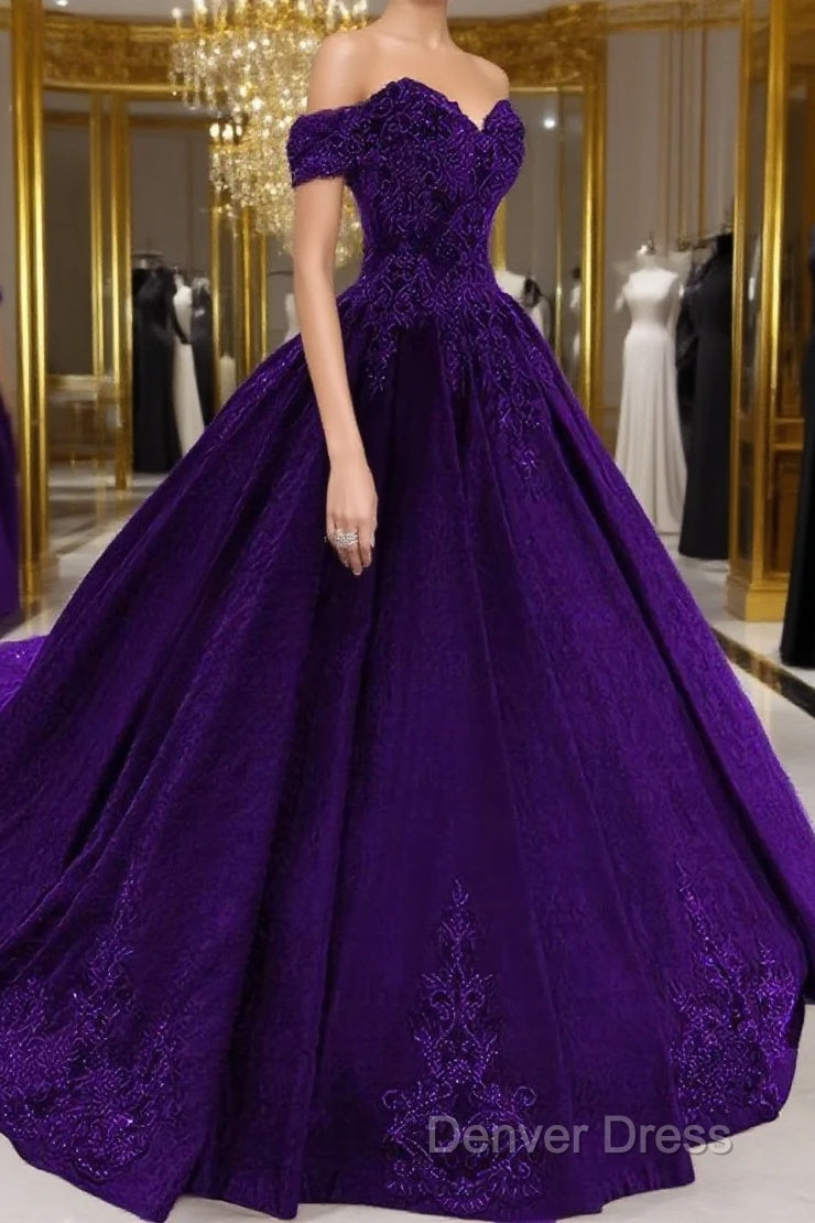 Purple Wedding Dresses, Lace Ball Gown Prom Dresses, Off The Shoulder For Women