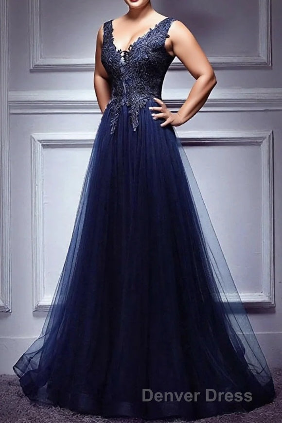 Dark Blue Lace V Neck Long Prom Dresses, Lace Evening Dresses Main image