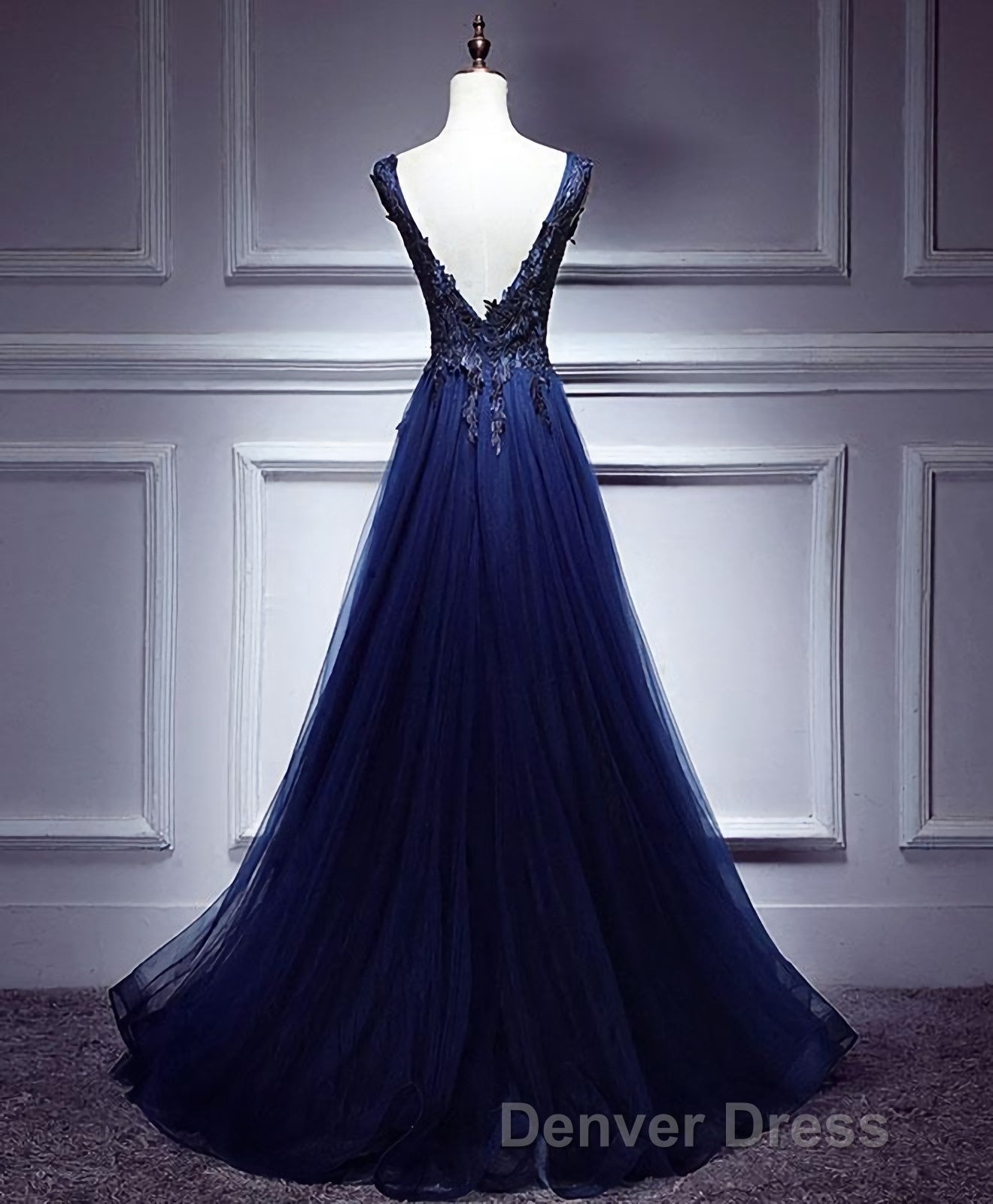 Dark Blue Lace V Neck Long Prom Dresses, Lace Evening Dresses
