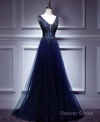 Dark Blue Lace V Neck Long Prom Dress, Lace Evening Dress
