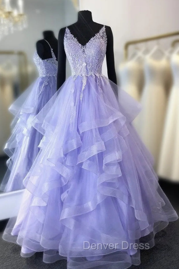 Purpler V Neck Tulle Lace Beads Long Prom Dress Tulle Prom Dresses Main image