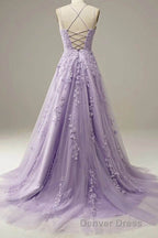 Light Purple Lace Applique A Line Spaghetti Straps Prom Dresses Prom Gowns
