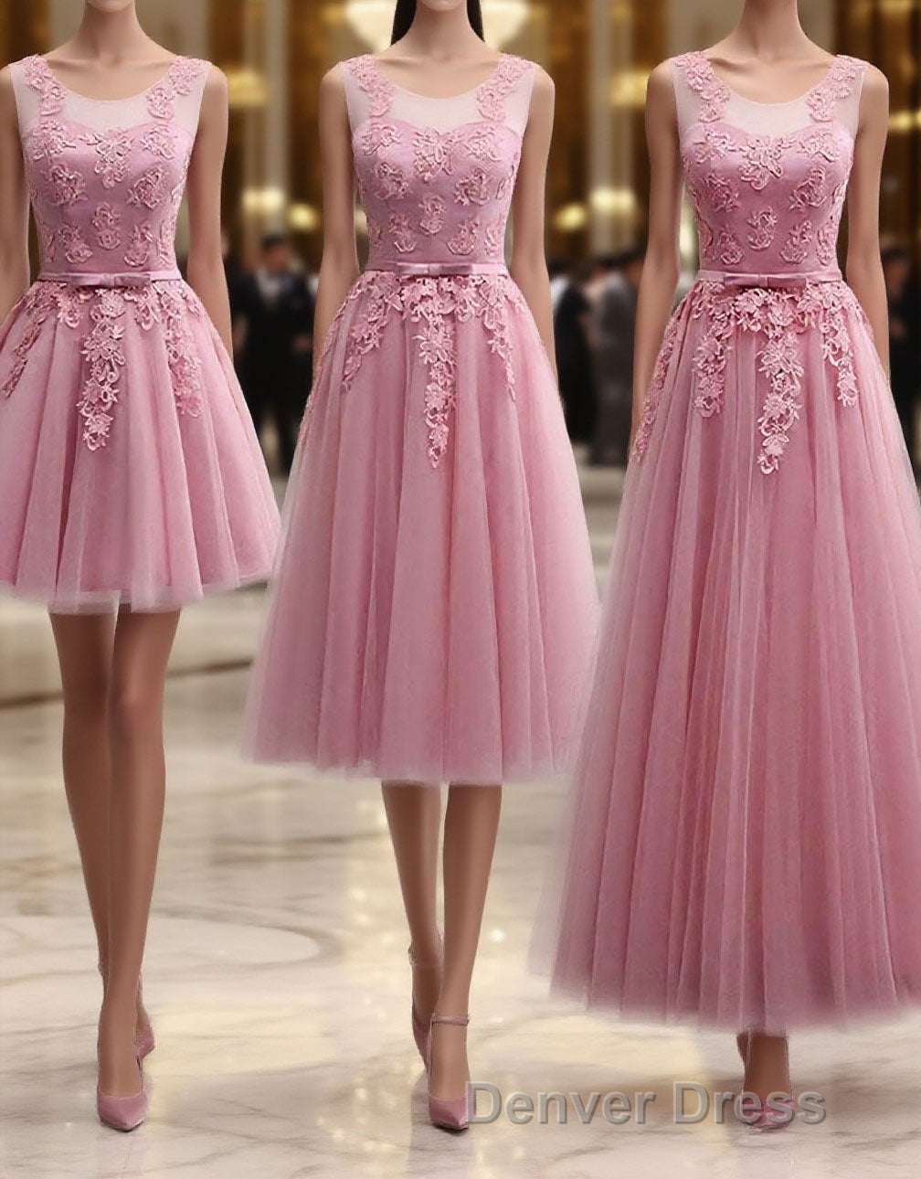 Pink Round Neck Lace Tulle Prom Dress, Lace Prom Dresses
