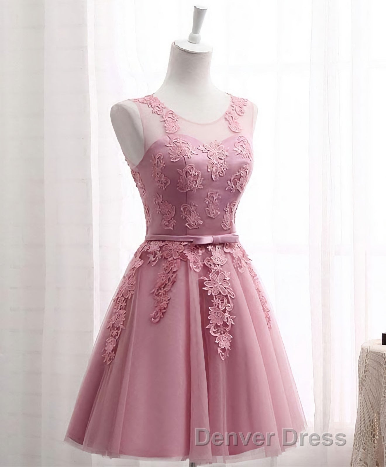 Pink Round Neck Lace Tulle Prom Dress, Lace Prom Dresses