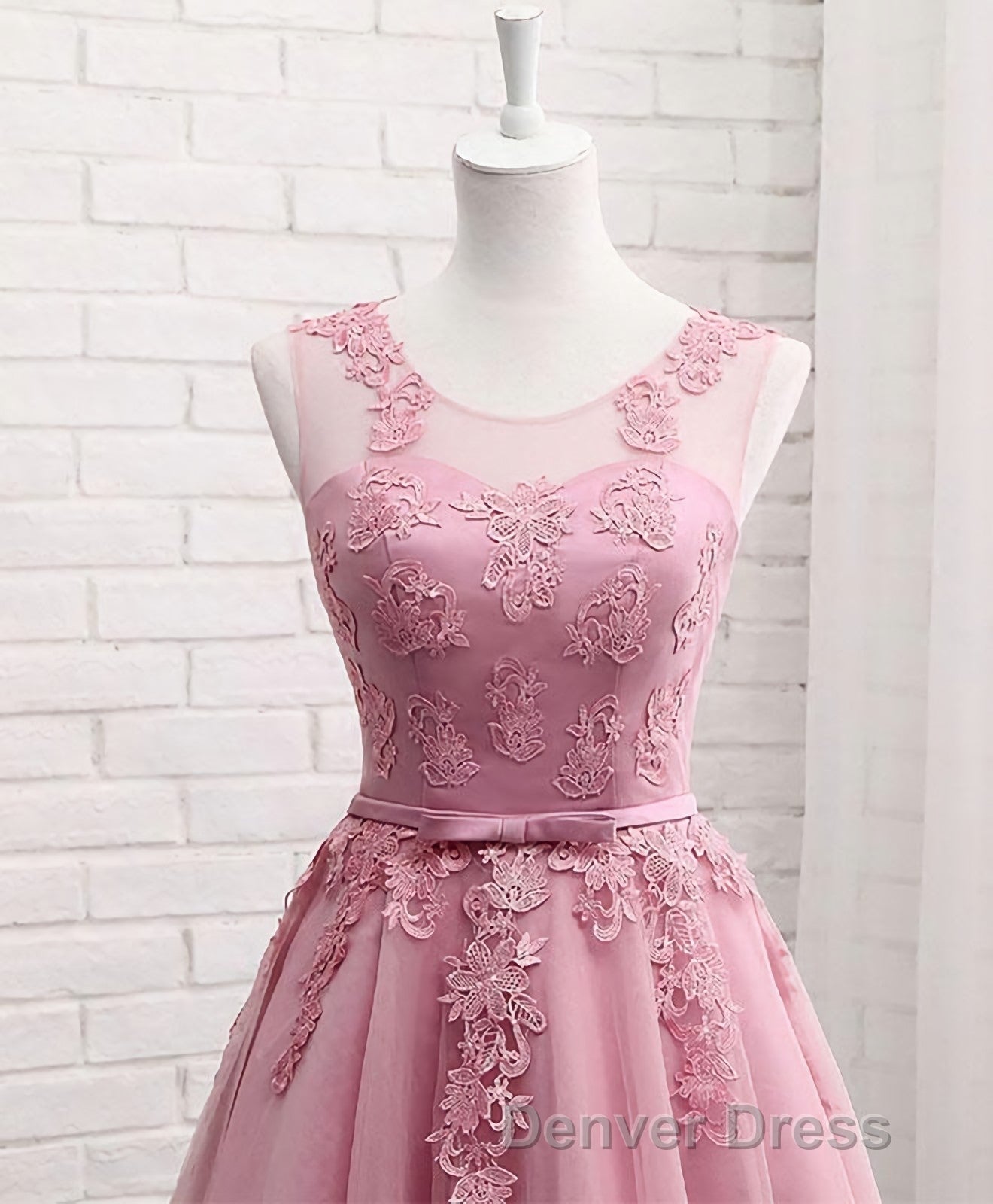 Pink Round Neck Lace Tulle Prom Dresses, Lace Evening Dresses Secondary image