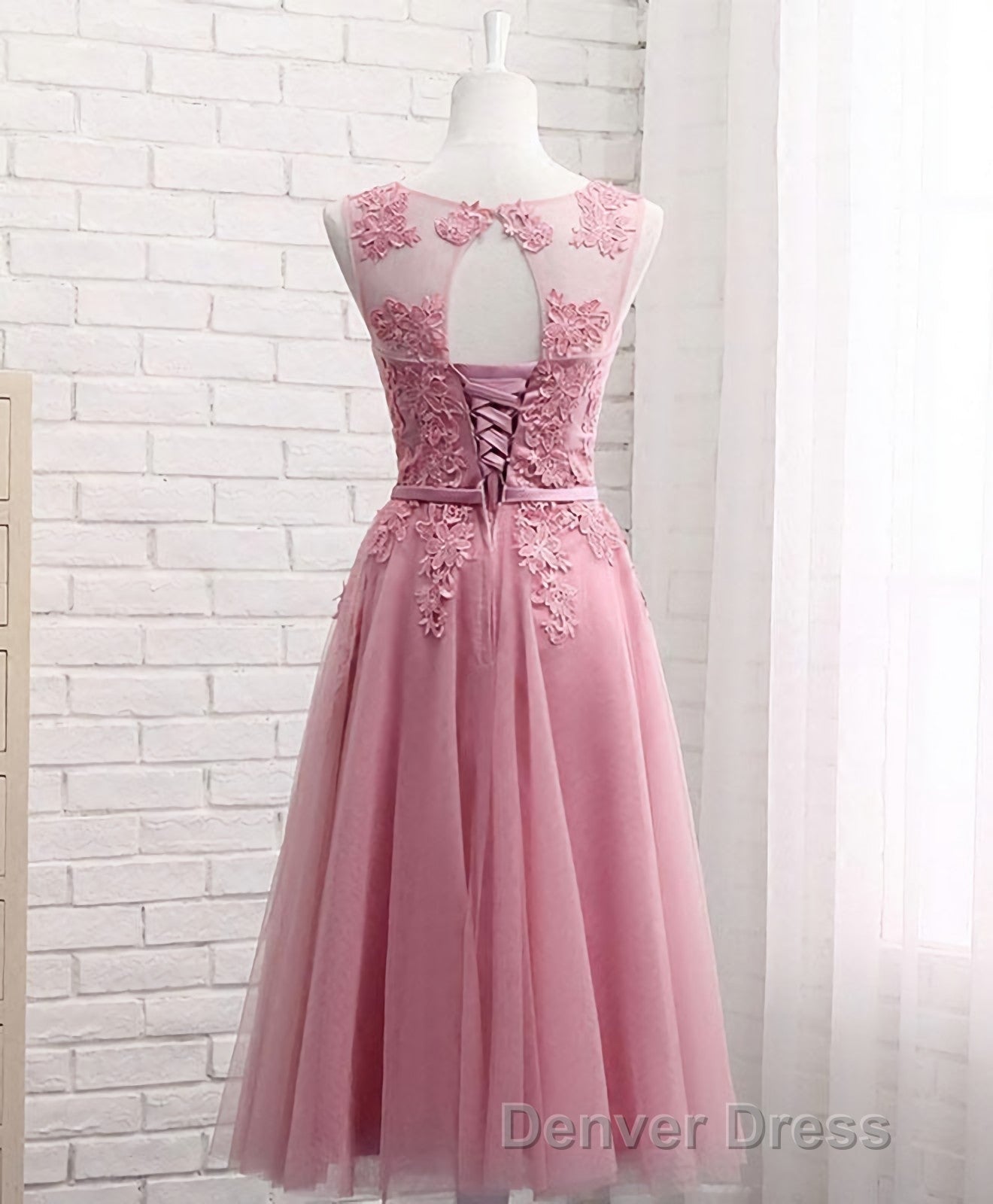 Pink Round Neck Lace Tulle Prom Dress, Lace Prom Dresses
