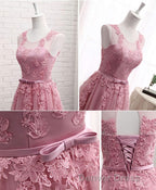 Pink Round Neck Lace Tulle Prom Dress, Lace Prom Dresses