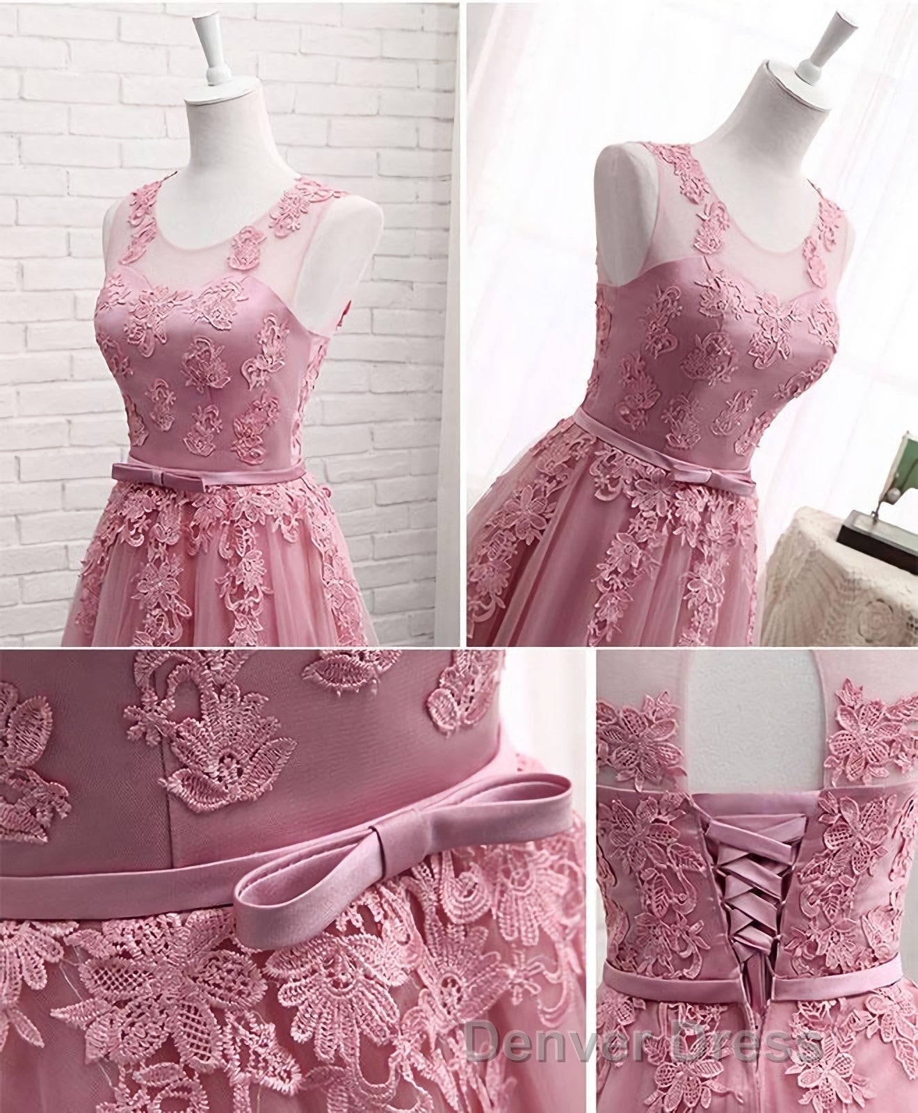 Pink Round Neck Lace Tulle Prom Dress, Lace Prom Dresses