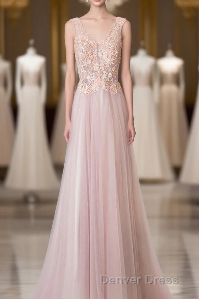 Pink V Neck Lace Long Prom Dresses, Cheap Evening Dresses Main image