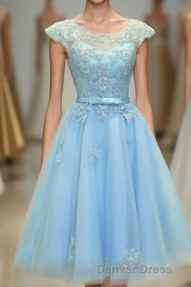 Light Blue Lace Tulle Short Prom Dresses, Homecoming Dresses Main image