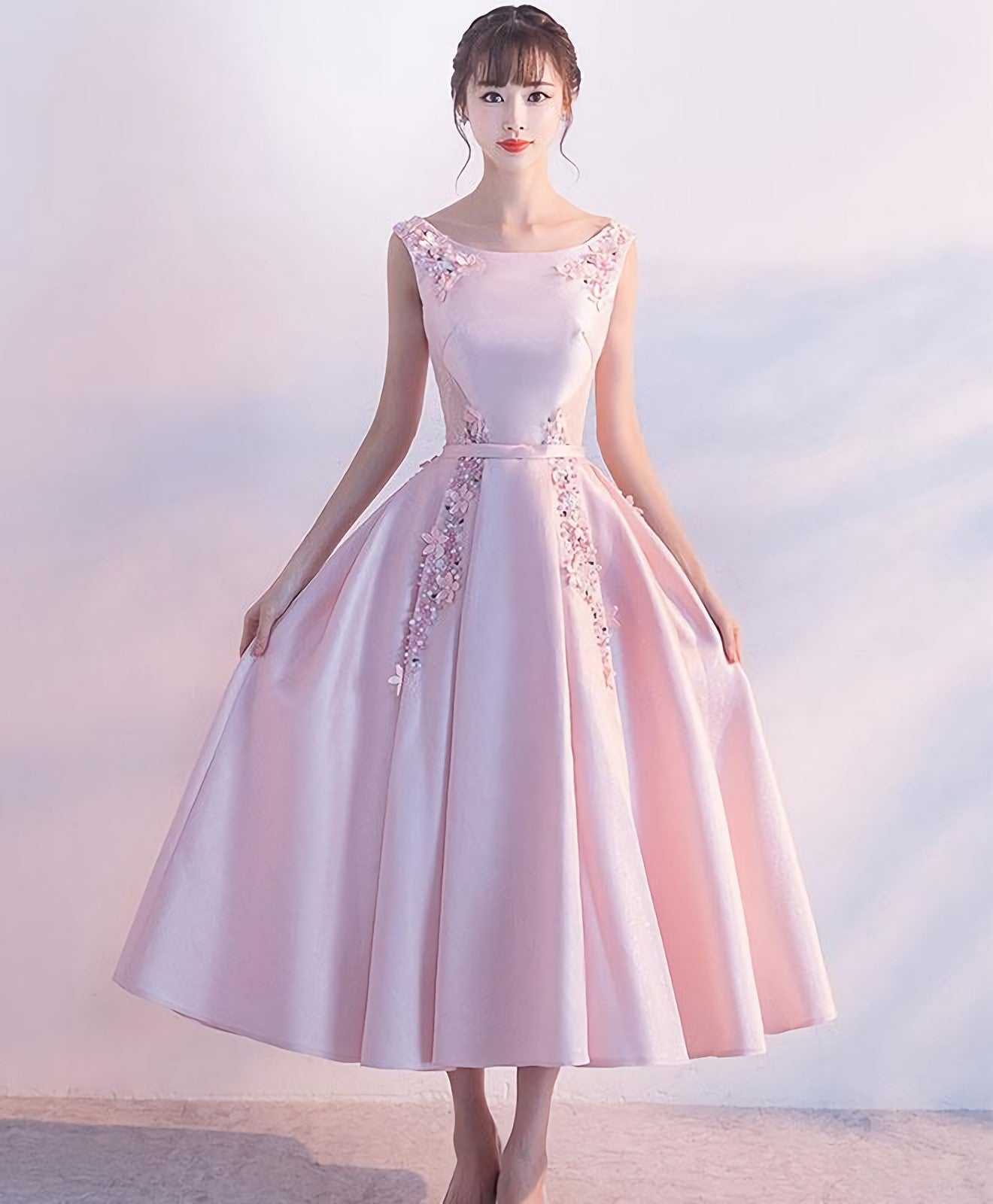 Pink Satin Lace Tea Length Prom Dress Pink Prom Dresses Main image