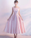 Pink Satin Lace Tea Length Prom Dress Pink Prom Dresses