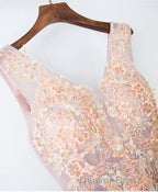 Pink V Neck Lace Long Prom Dresses, Cheap Evening Dresses