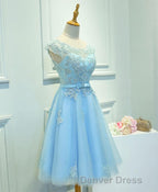 Light Blue Lace Tulle Short Prom Dresses, Homecoming Dresses