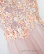 Pink V Neck Lace Long Prom Dresses, Cheap Evening Dresses