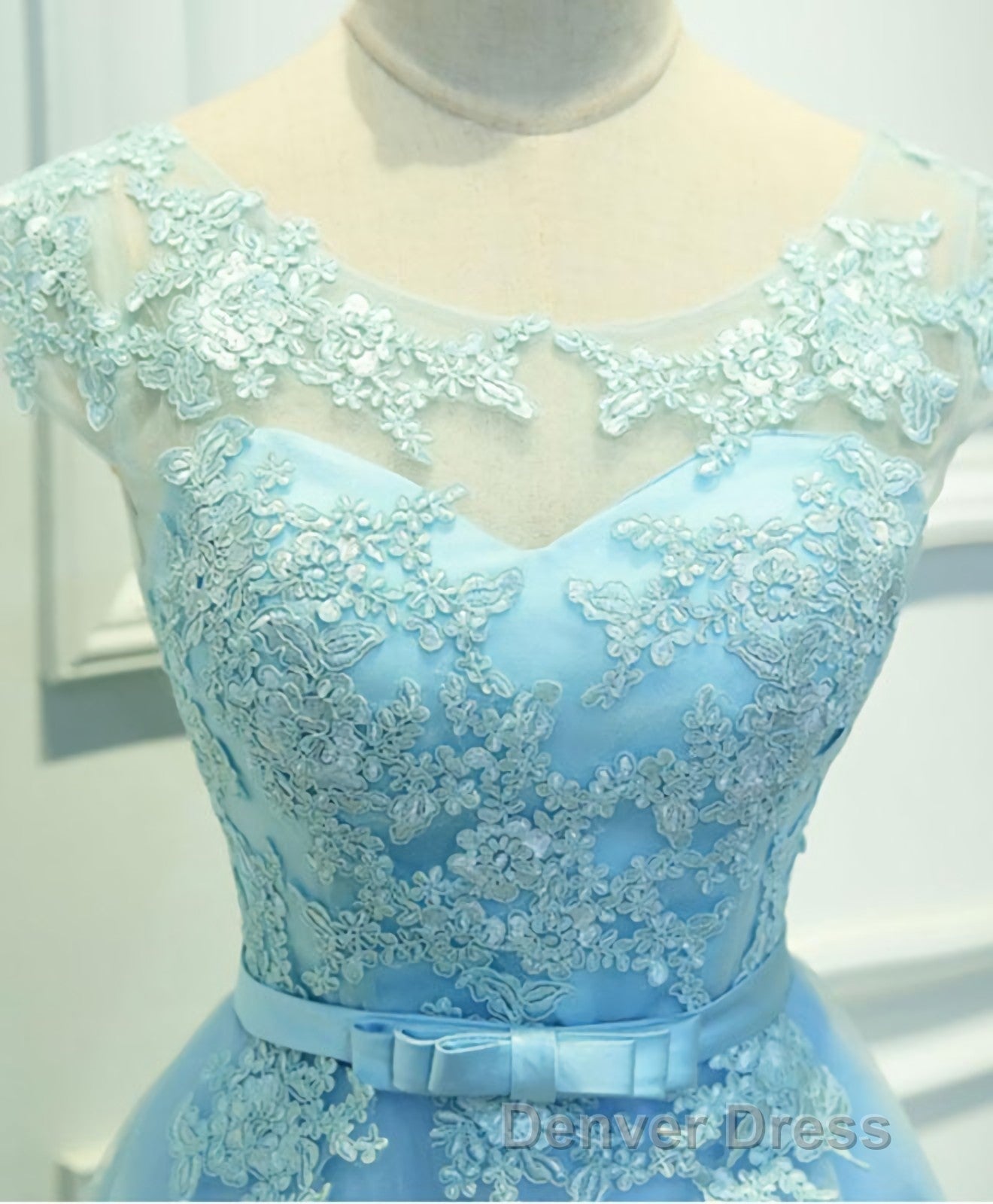 Light Blue Lace Tulle Short Prom Dresses, Homecoming Dresses