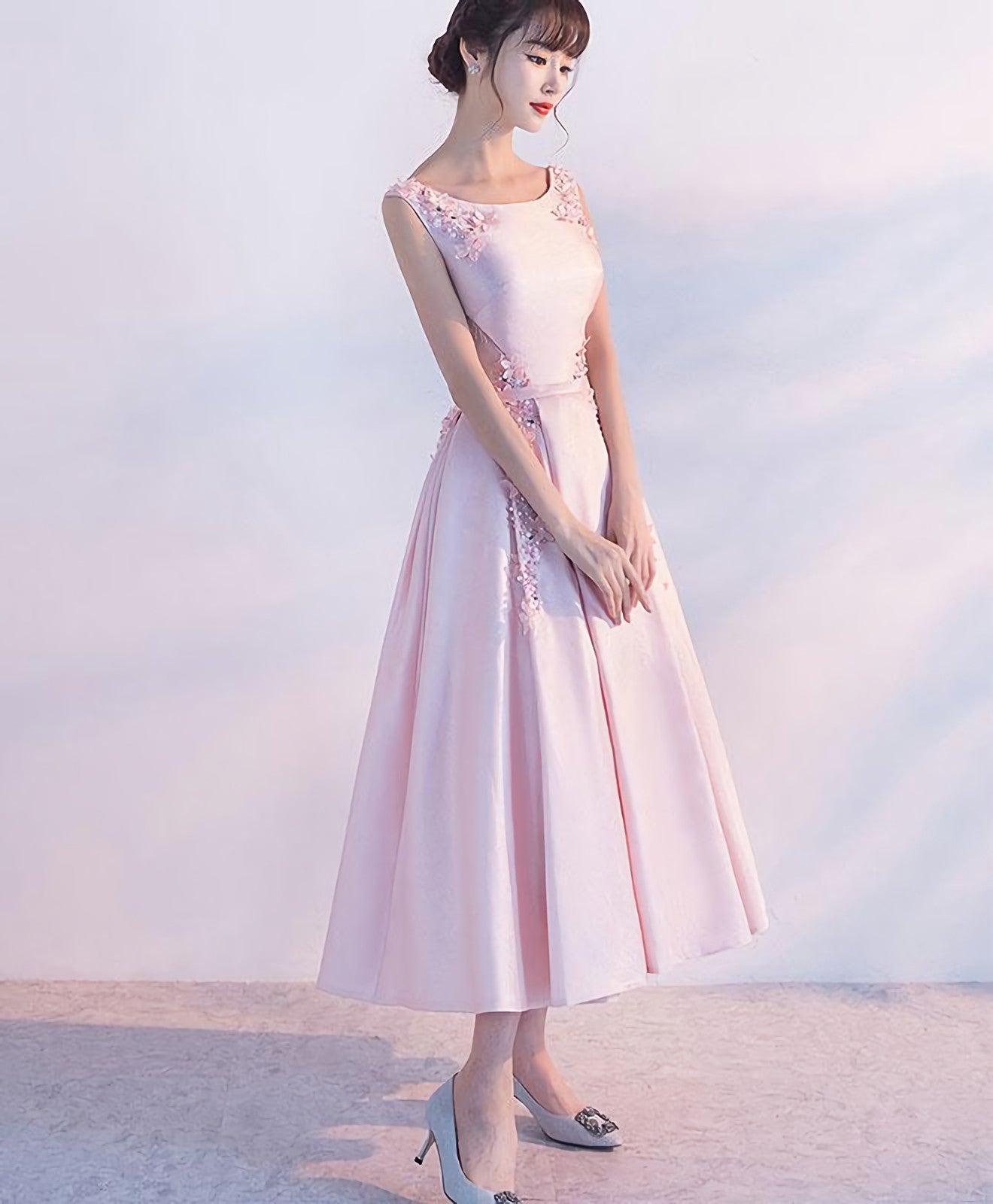 Pink Satin Lace Tea Length Prom Dress Pink Prom Dresses