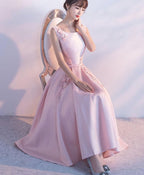 Pink Satin Lace Tea Length Prom Dress Pink Prom Dresses