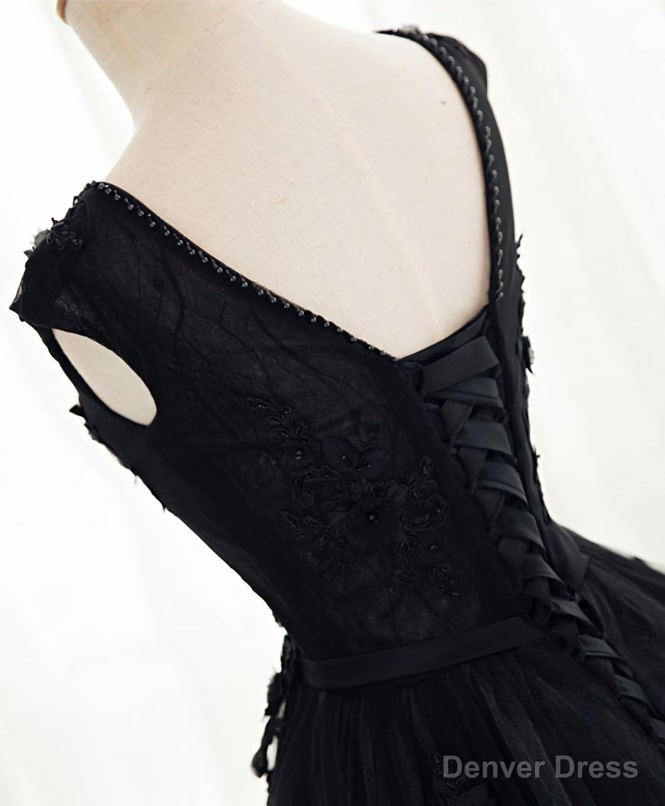 Black A Line Tulle Lace Long Prom Dress