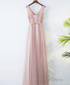 Pink V Neck Lace Long Prom Dresses, Cheap Evening Dresses