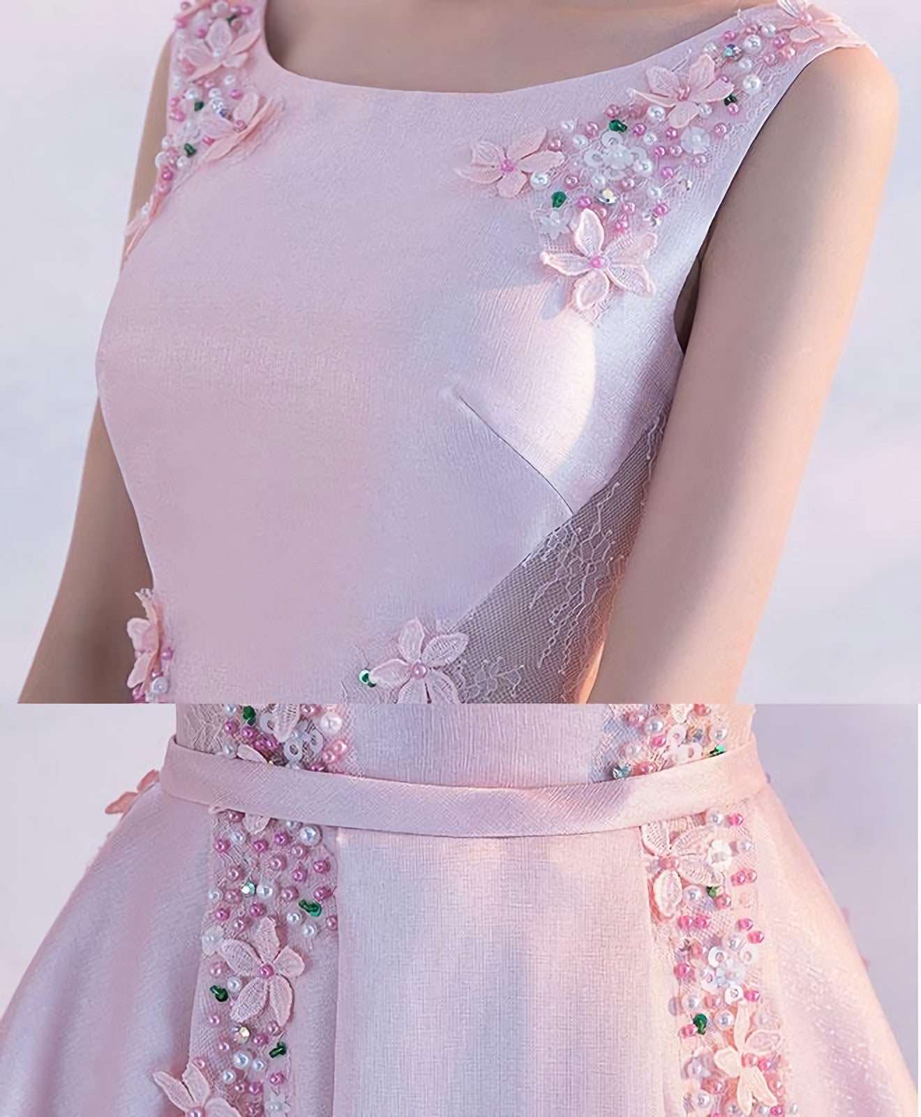 Pink Satin Lace Tea Length Prom Dress Pink Prom Dresses Secondary image