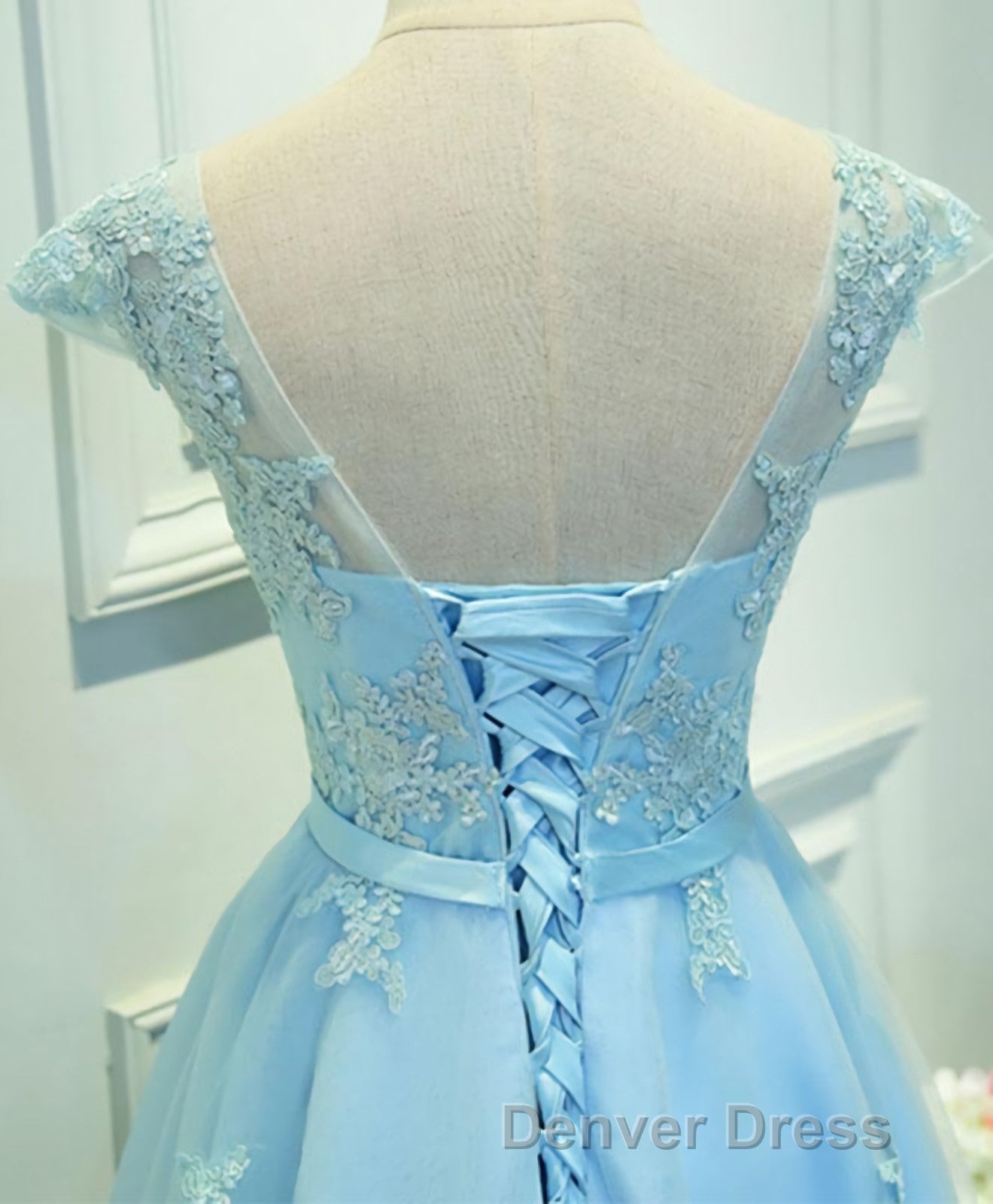 Light Blue Lace Tulle Short Prom Dress, Homecoming Dresses