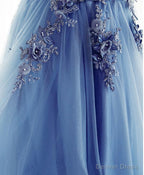 Blue A Line Tulle Lace Long Prom Dress