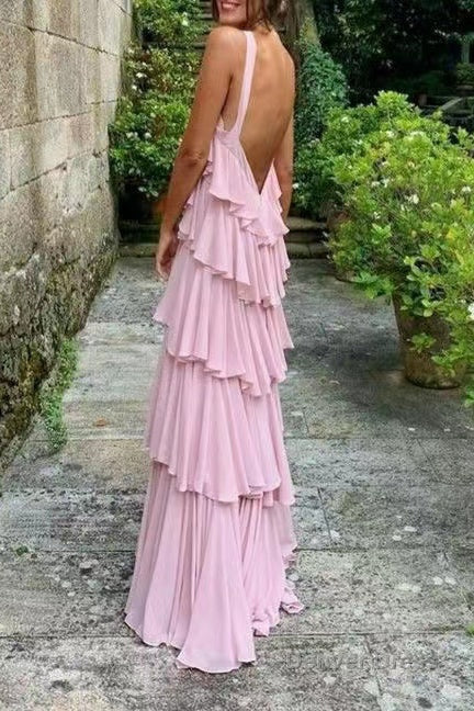 A Line Straps Tiered Chiffon Floor Length Long Prom Dress Pink Bridesmaid Dresses