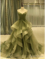 A Line Prom Dress Elegant Dress Prom Court Train Sleeveless Spaghetti Strap Tulle with Pleats Ruffles Masquerade Dresses