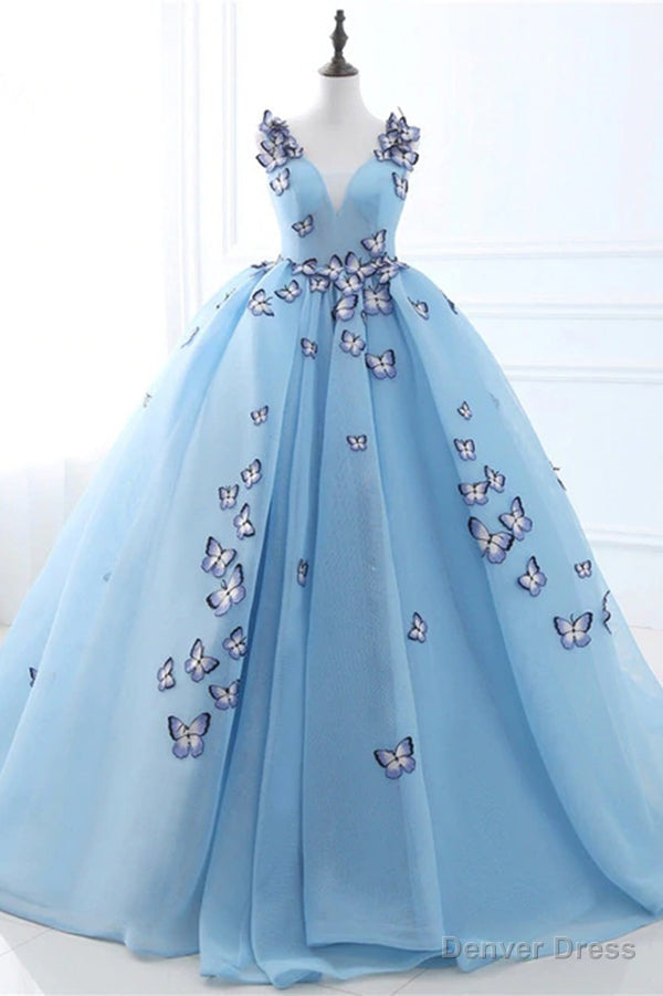 Quinceanera Dress Blue Butterfly Flowers Lace Up Ball Gowns Long Prom Dresses Main image