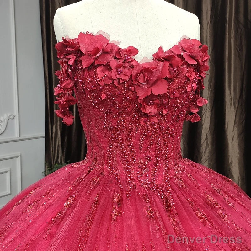 Quinceanera Dress Exquisite Red Pearls Sleeveless Quinceanera Dress 3D Appliques Prom Dresses
