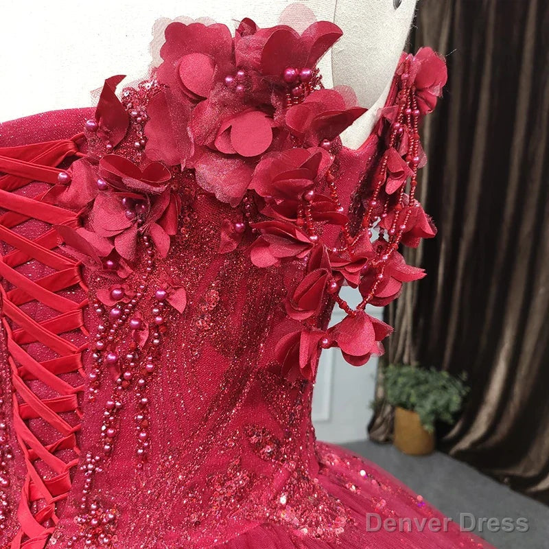 Quinceanera Dress Exquisite Red Pearls Sleeveless Quinceanera Dress 3D Appliques Prom Dresses