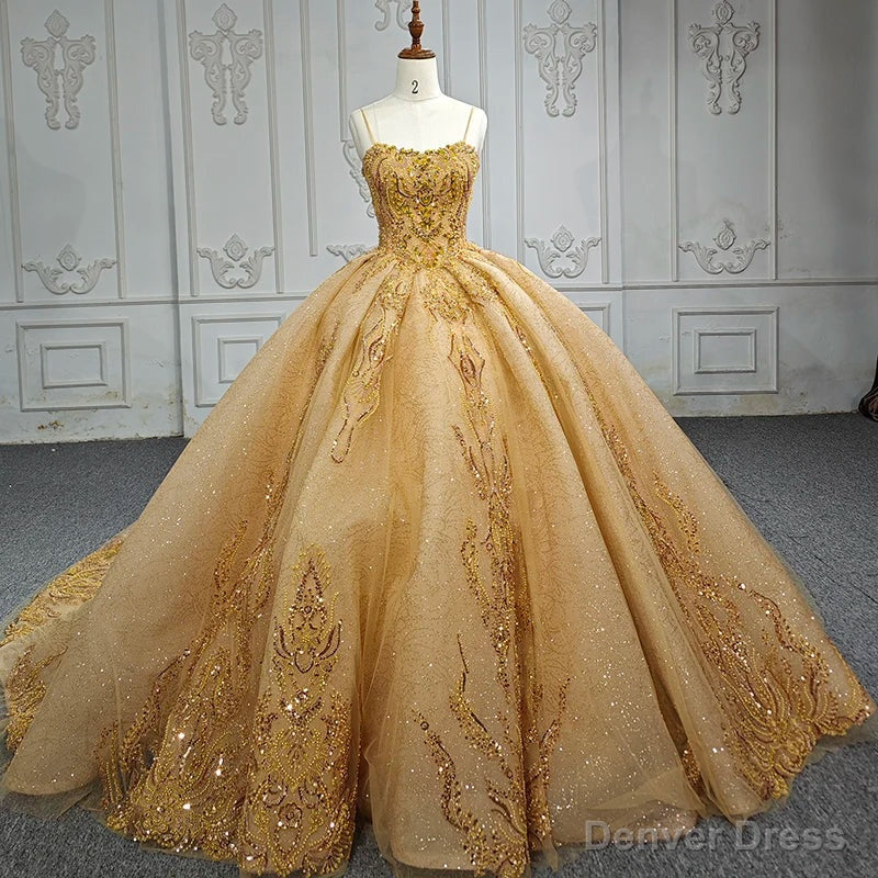 Quinceanera Dress Gold Beading Formal Long Evening Dress Spaghetti Straps Ball Gown