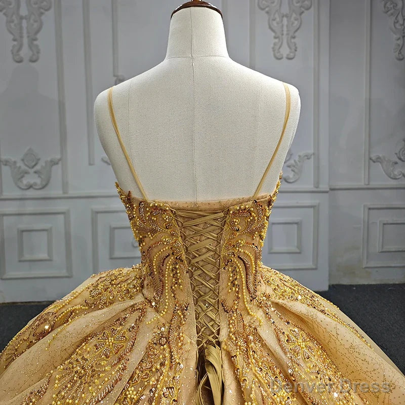 Quinceanera Dress Gold Beading Prom Long Prom Dresses Spaghetti Straps Ball Gowns