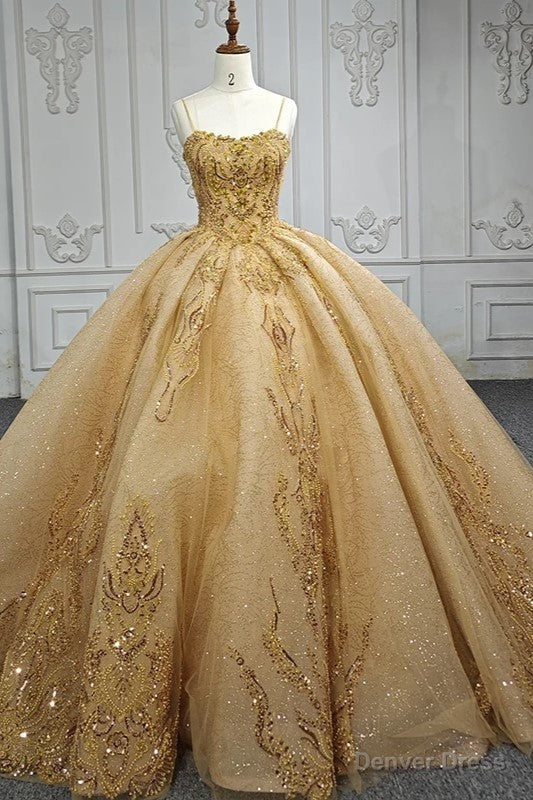 Quinceanera Dress Gold Beading Formal Long Evening Dress Spaghetti Straps Ball Gown Main image