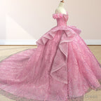 Quinceanera Dress With Sequins Off the Shoulder Chapel Train