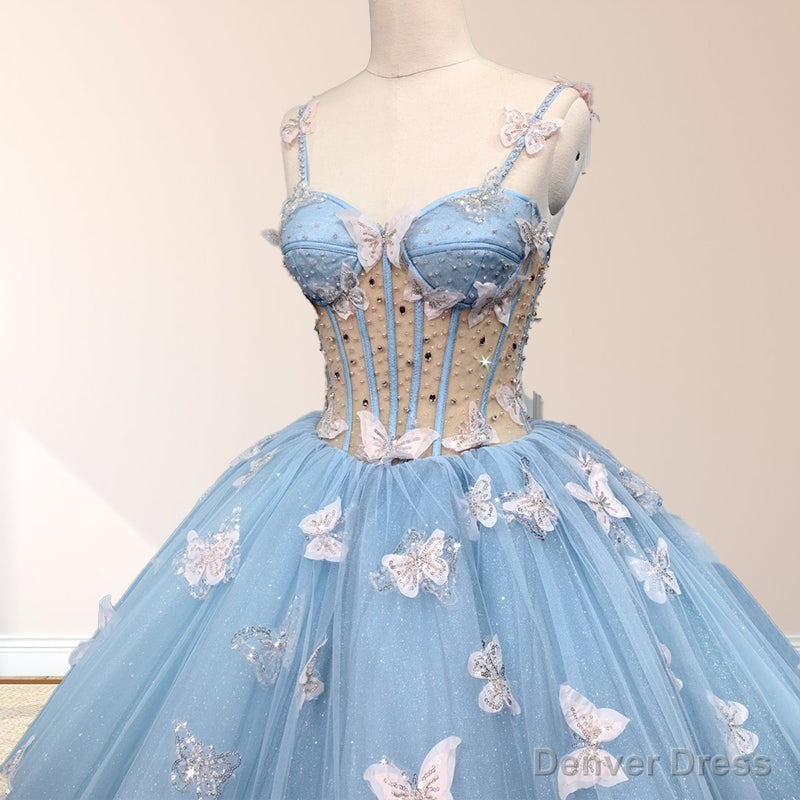 Quinceanera Dresses Spaghetti Straps Beading with 3D Butterfly Appliques Secondary image
