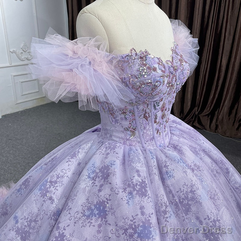 Quinceaera lace  Off-the-Shoulder Ball Gown Purple Sequined Dress