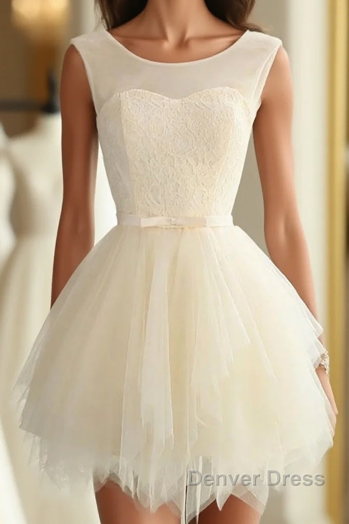 Cute A Line Tulle Round Neck Mini Prom Dresses, Cheap Evening Dresses Main image