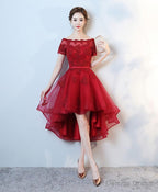 Burgundy Lace High Low Short Prom Dress, Lace Prom Dresses