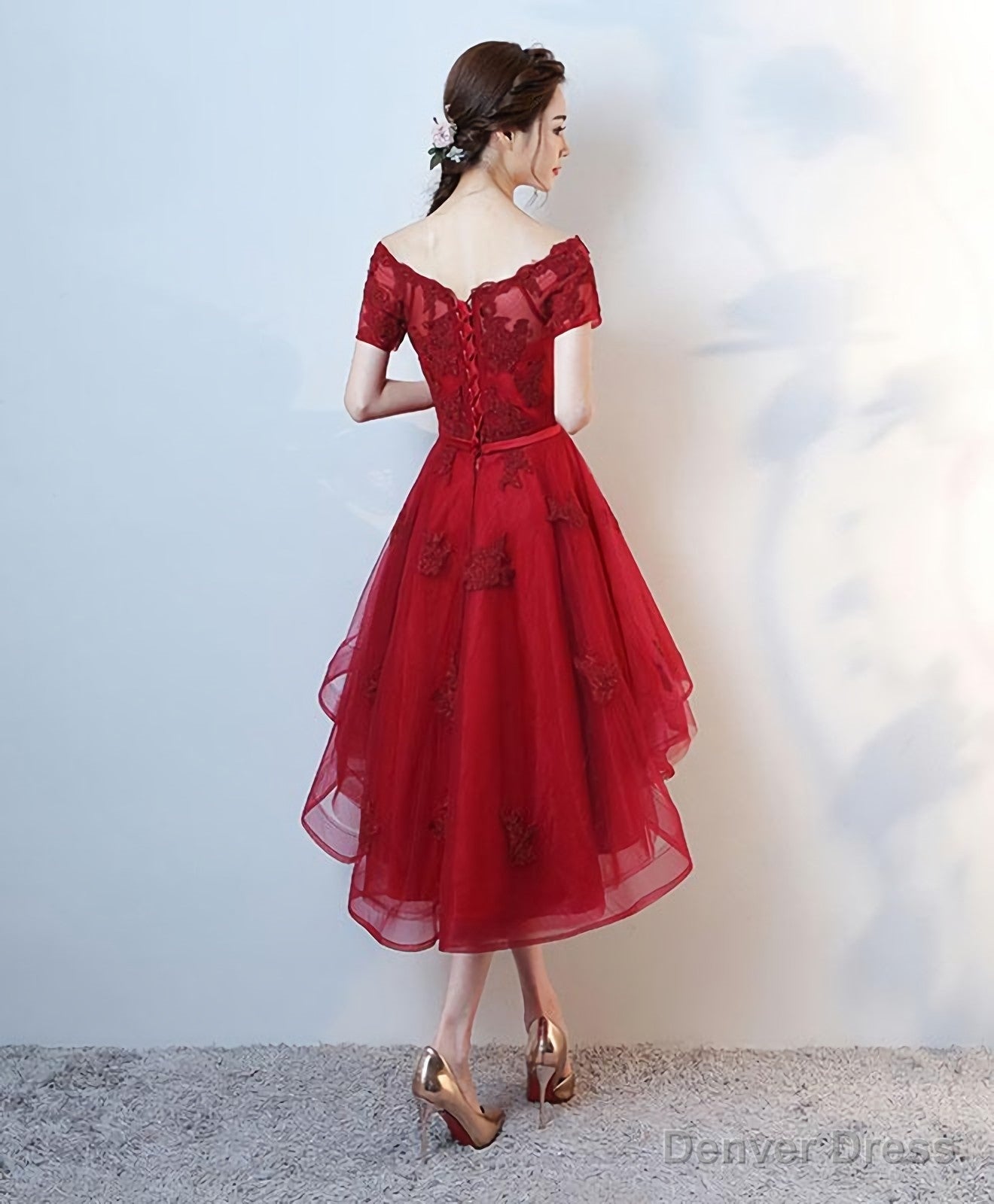 Burgundy Lace High Low Short Prom Dress, Lace Prom Dresses