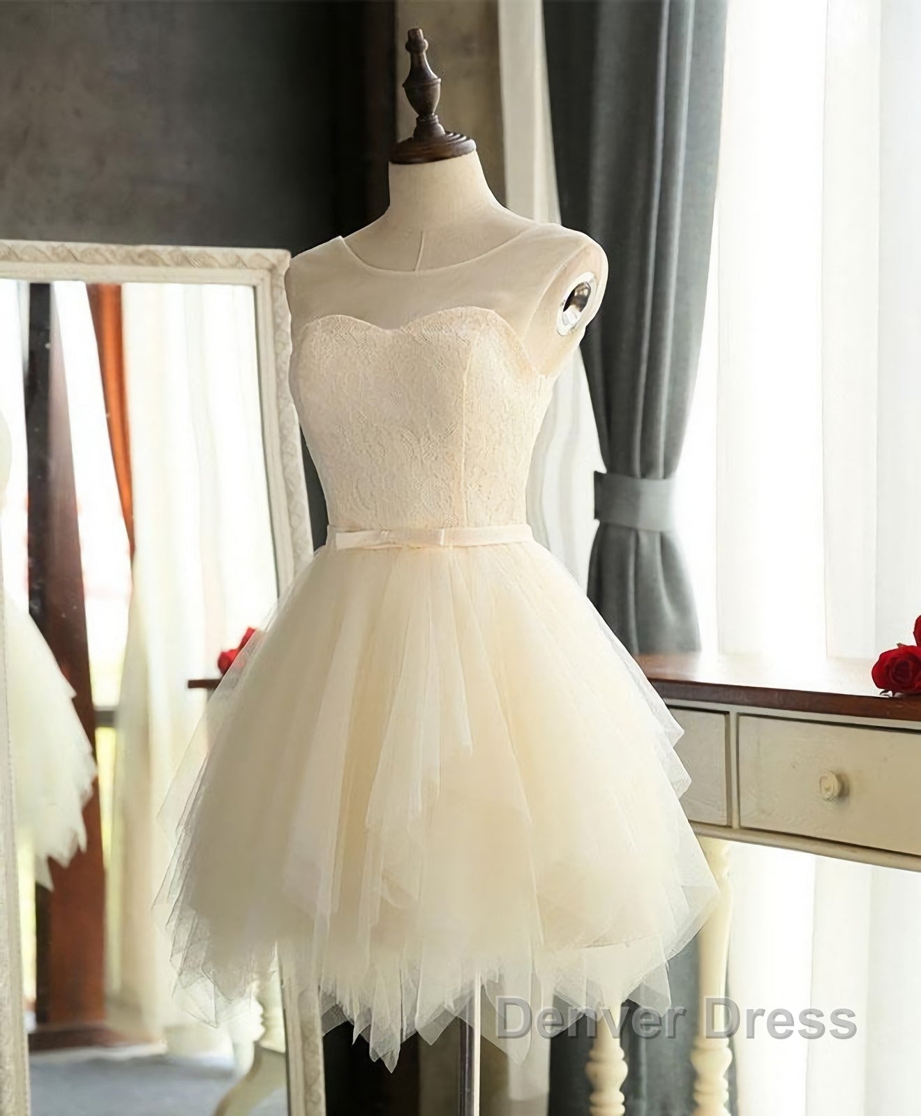 Cute A Line Tulle Round Neck Mini Prom Dress, Cheap Prom Dresses