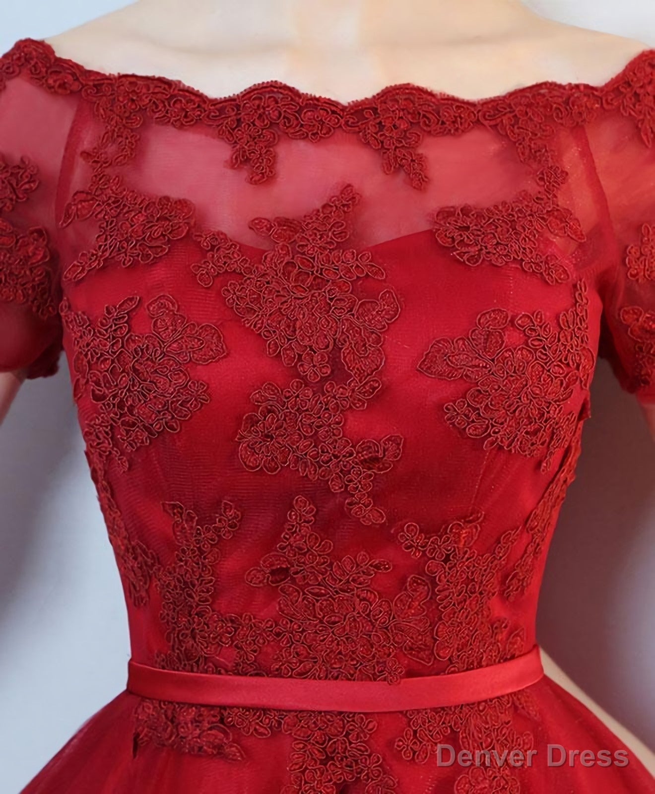 Burgundy Lace High Low Short Prom Dress, Lace Prom Dresses