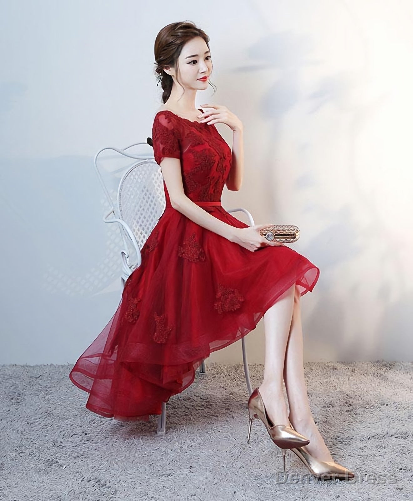 Burgundy Lace High Low Short Prom Dress, Lace Prom Dresses