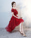 Burgundy Lace High Low Short Prom Dress, Lace Prom Dresses