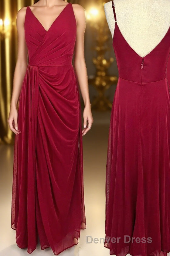 Wine Red Ruched V Neck Long Bridesmaid Dresses Main image