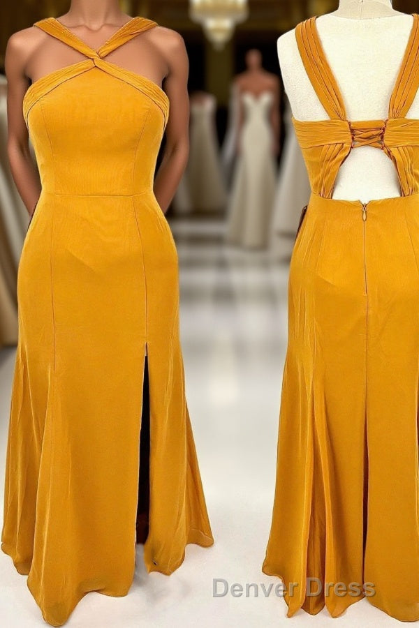 Cross Straps Mustard Yellow Chiffon Long Bridesmaid Dresses with Slit Main image