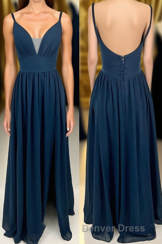 Navy Blue Chiffon A Line Long Bridesmaid Dresses with Buttons